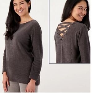 NWT Barefoot Dreams Womens Small Dark Gray/Carbon Lace Back Pullover Sweater